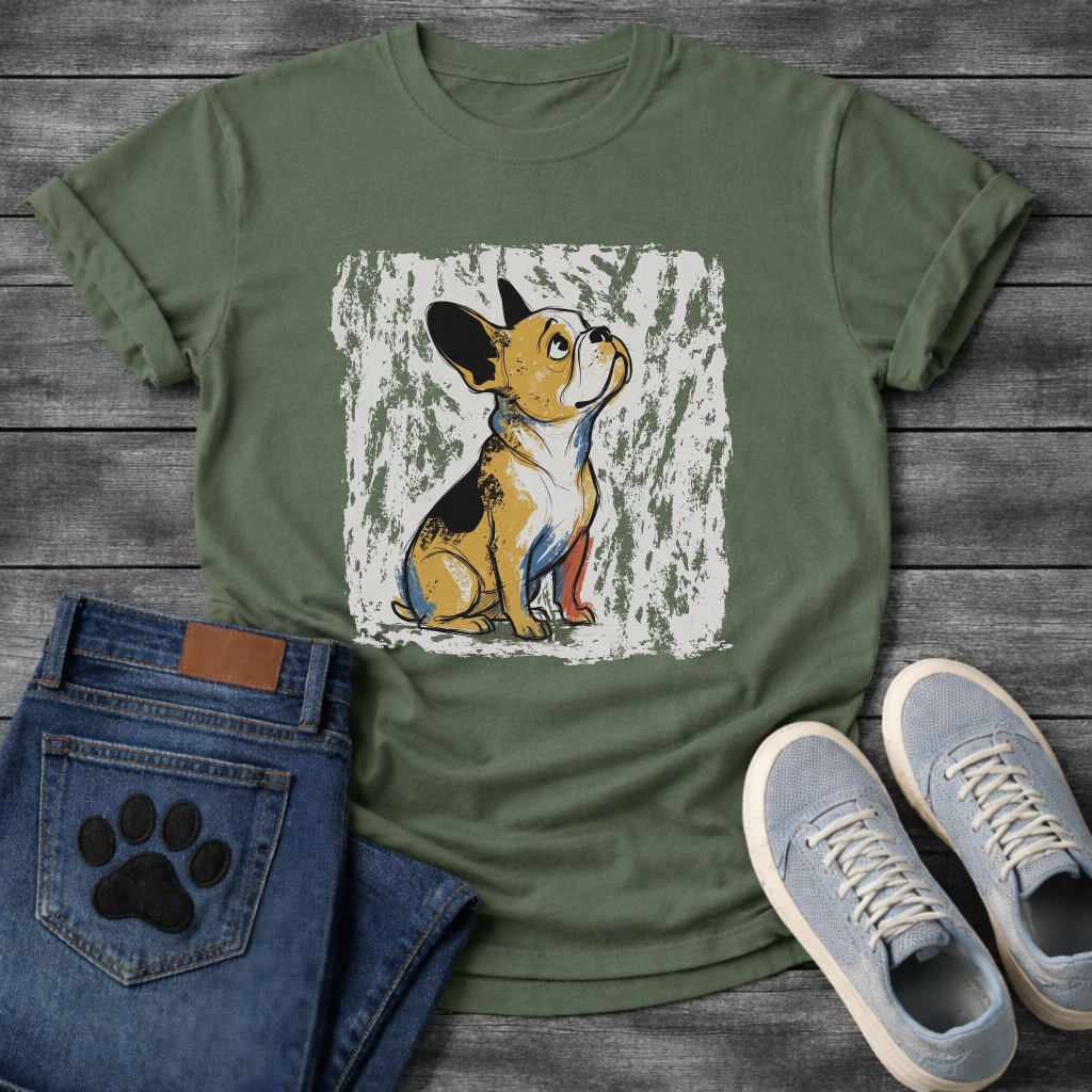 French Bulldog painterly sketch illustration with gold black and blue brush strokes on a textured grunge background tee
