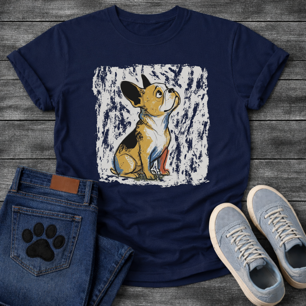 French Bulldog painterly sketch illustration with gold black and blue brush strokes on a textured grunge background tee
