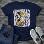 French Bulldog painterly sketch illustration with gold black and blue brush strokes on a textured grunge background tee
