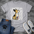 French Bulldog painterly sketch illustration with gold black and blue brush strokes on a textured grunge background tee
