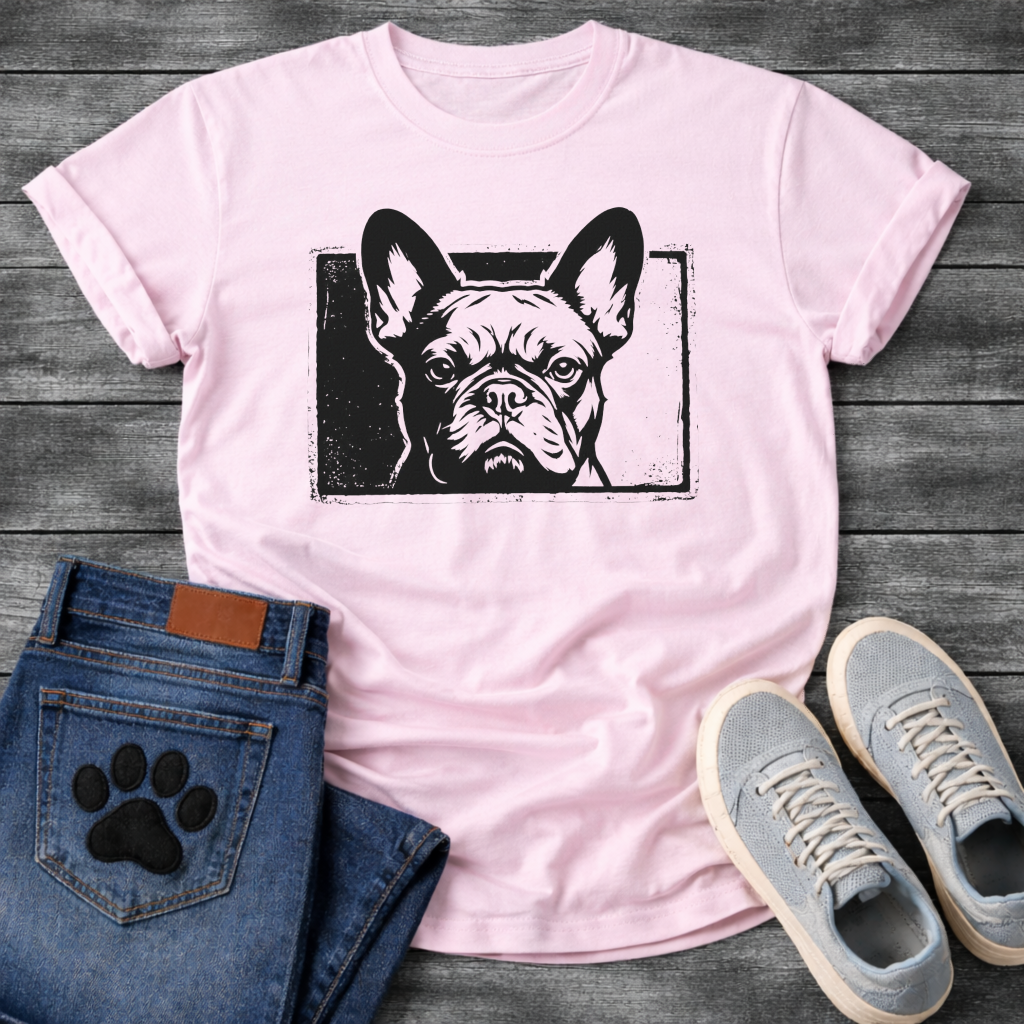 French Bulldog woodcut face stamp graphic dog shirt unisex tee white
