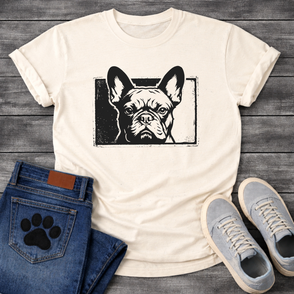 French Bulldog woodcut face stamp graphic dog shirt unisex tee white
