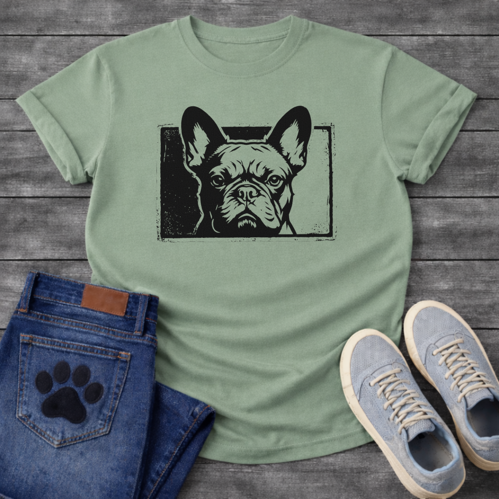 French Bulldog woodcut face stamp graphic dog shirt unisex tee white
