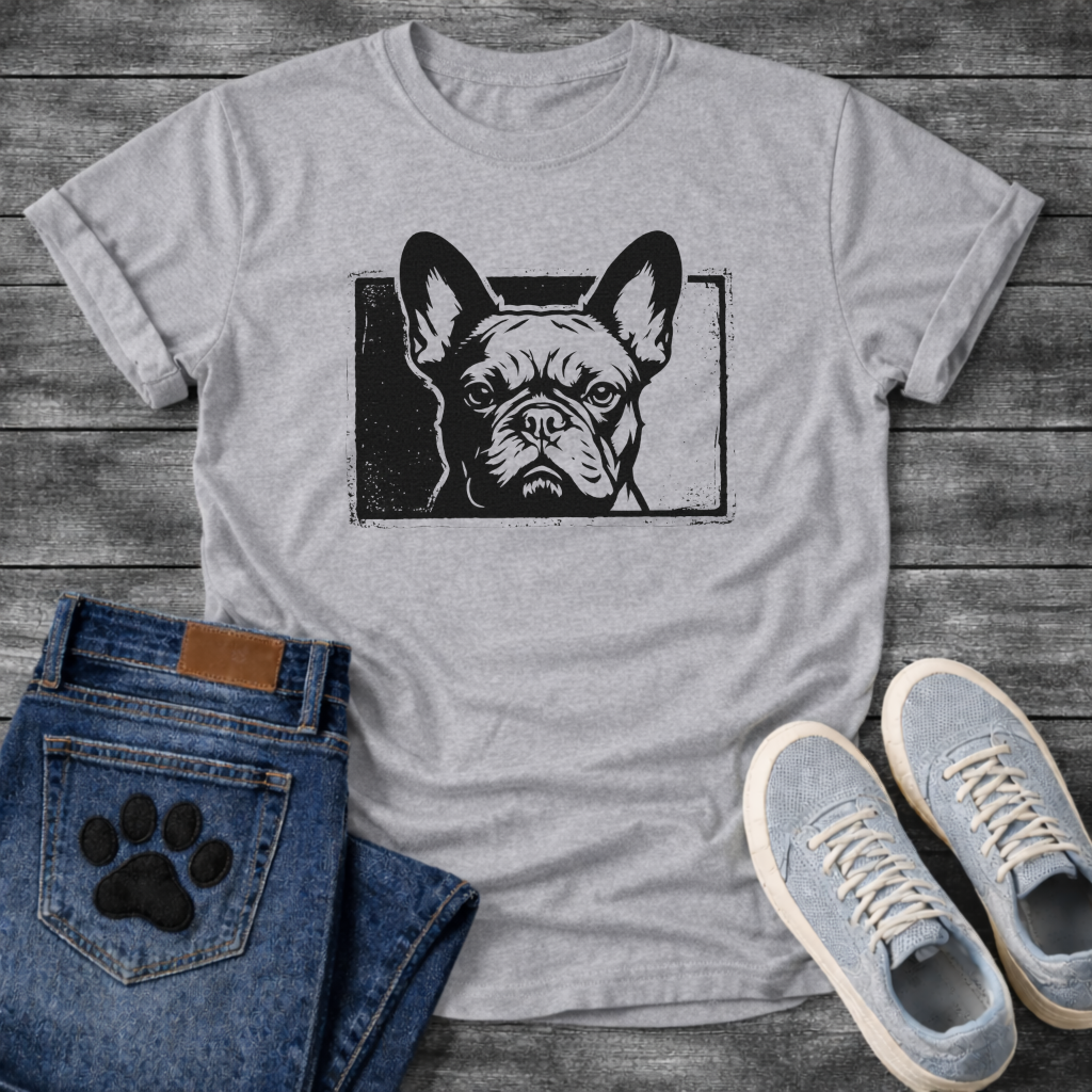 French Bulldog woodcut face stamp graphic dog shirt unisex tee white
