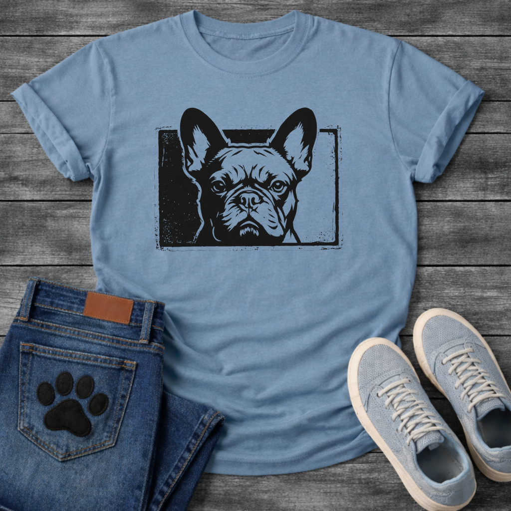 French Bulldog woodcut face stamp graphic dog shirt unisex tee white
