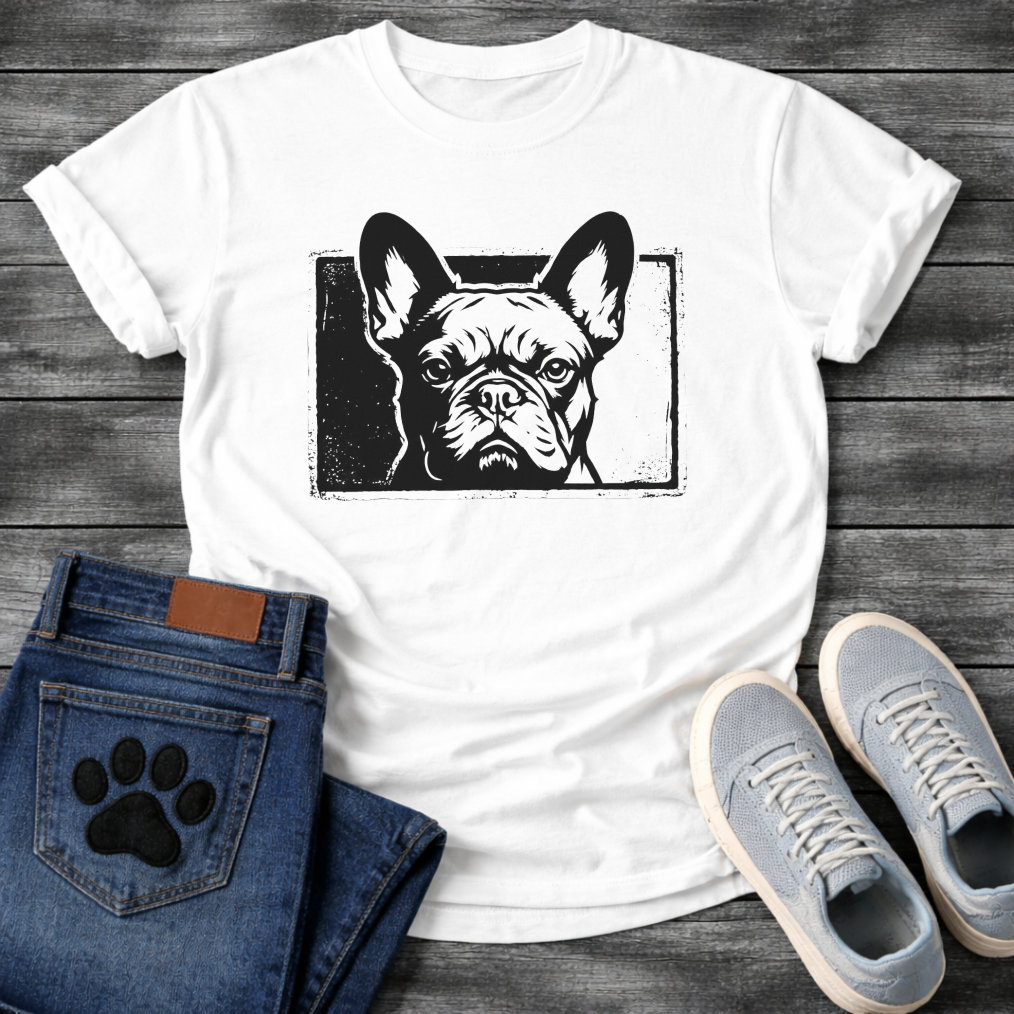 French Bulldog woodcut face stamp graphic dog shirt unisex tee white

