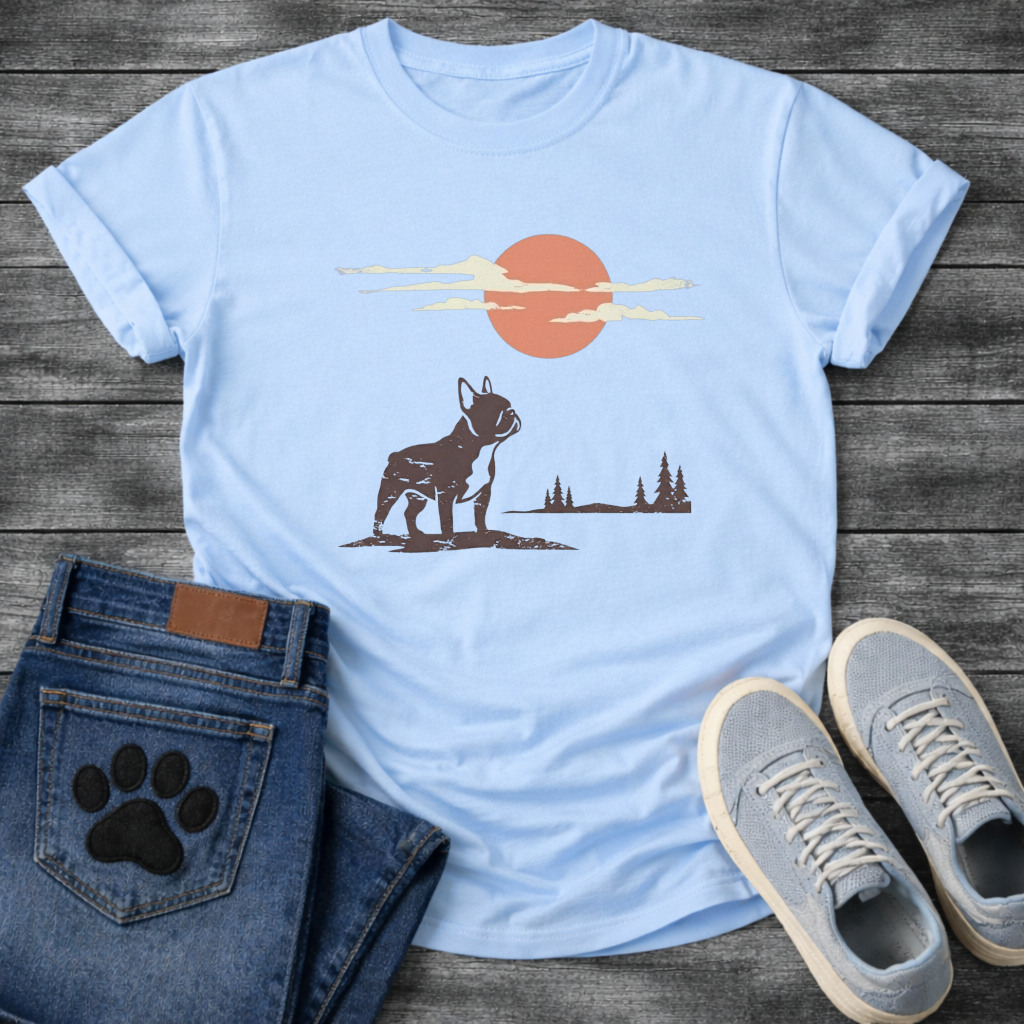 French Bulldog vintage sunset clouds pine trees graphic dog shirt unisex tee