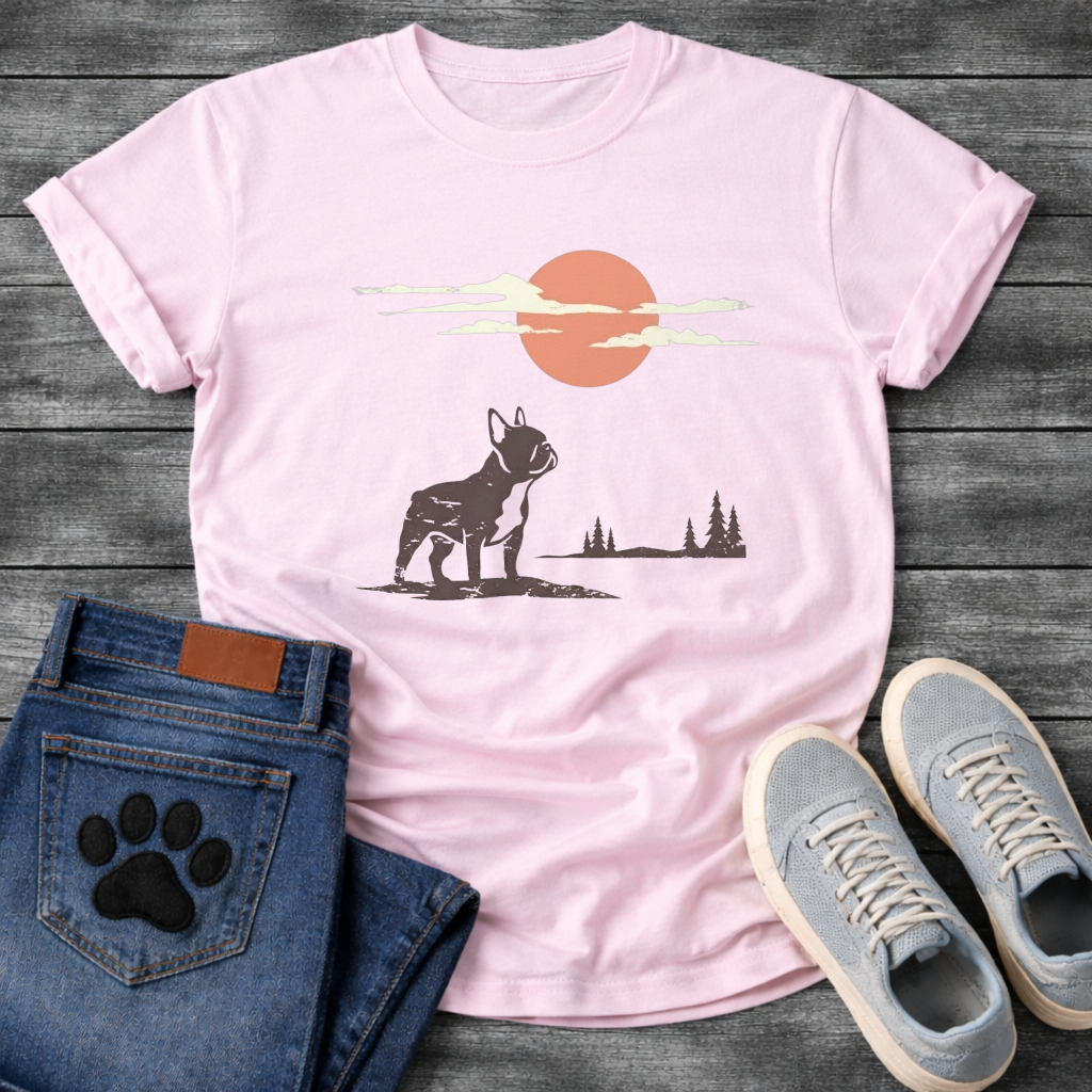 French Bulldog vintage sunset clouds pine trees graphic dog shirt unisex tee