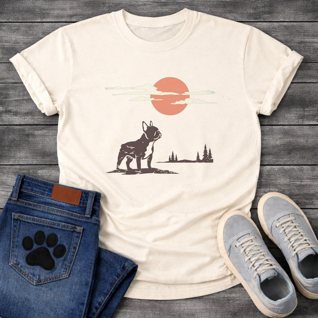 French Bulldog vintage sunset clouds pine trees graphic dog shirt unisex tee