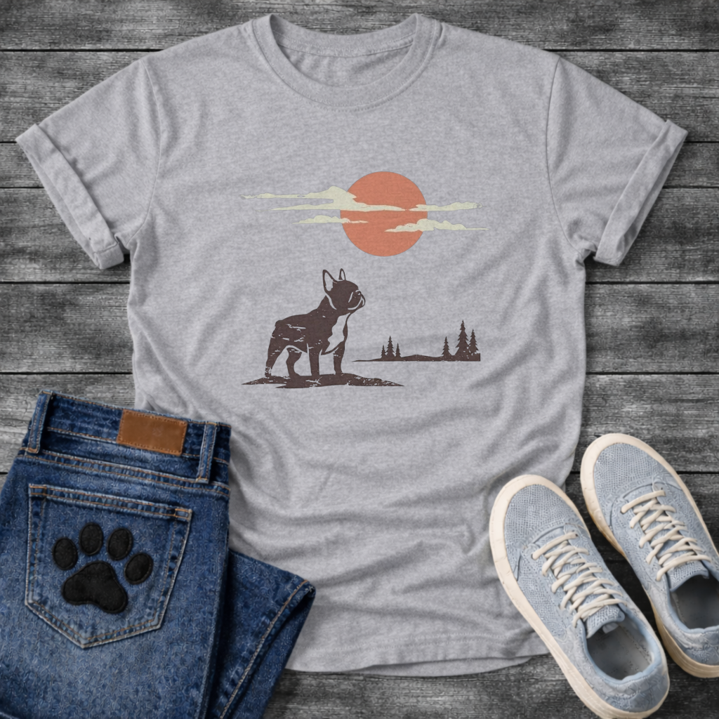 French Bulldog vintage sunset clouds pine trees graphic dog shirt unisex tee