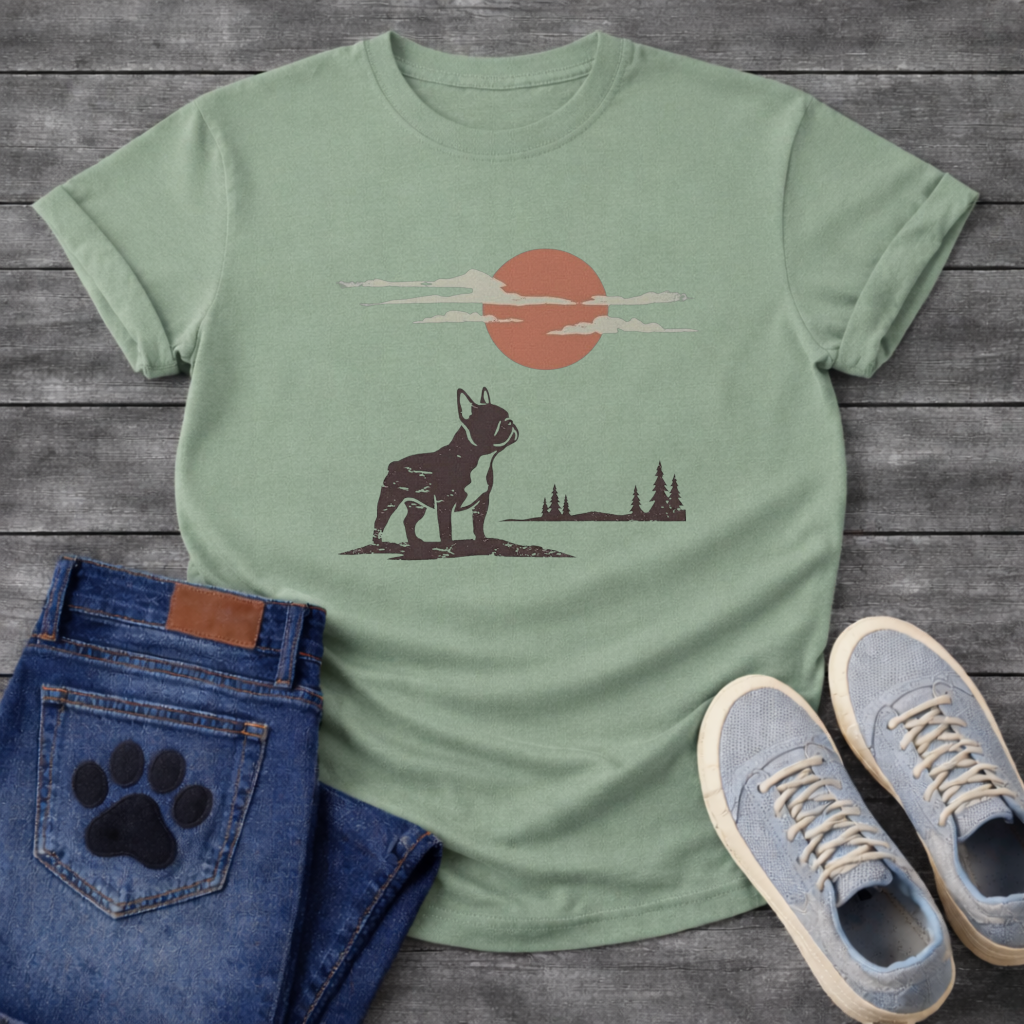 French Bulldog vintage sunset clouds pine trees graphic dog shirt unisex tee
