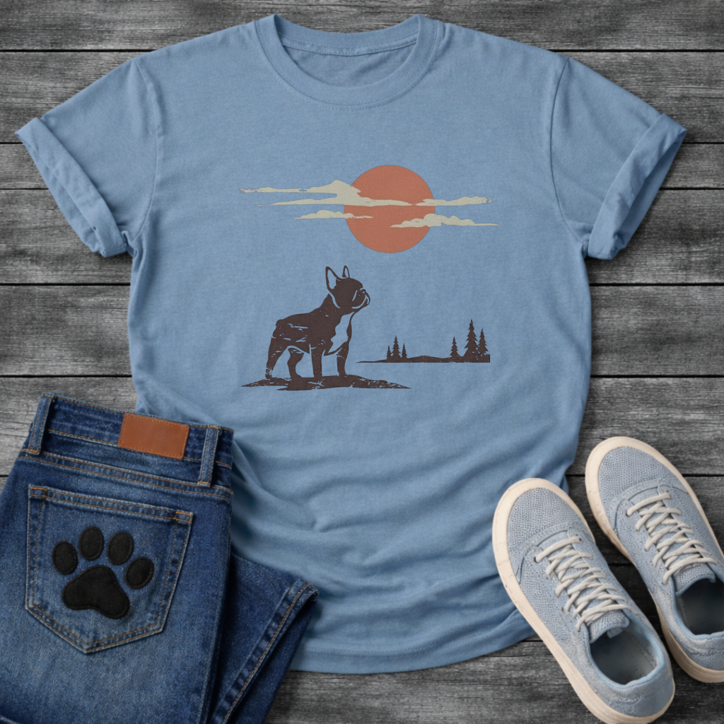 French Bulldog vintage sunset clouds pine trees graphic dog shirt unisex tee