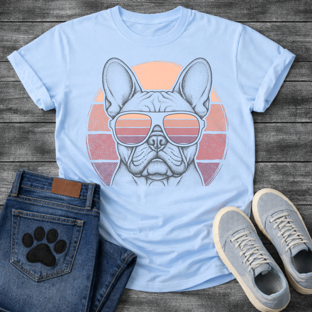 French Bulldog t-shirt with detailed stipple engraving Frenchie portrait wearing aviator sunglasses reflecting retro stripe sunset, blush pink mauve and purple striped circle behind, distressed vintage texture, no text fine art graphic
