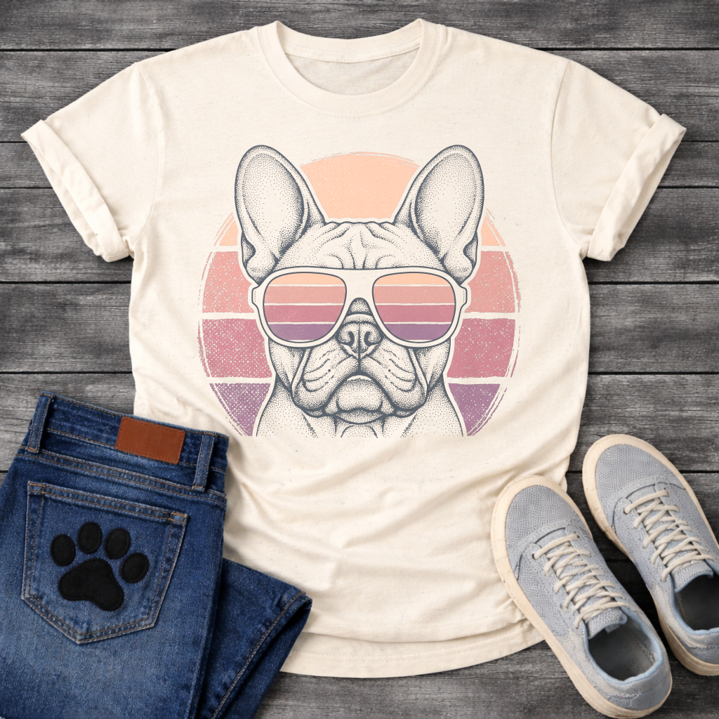 French Bulldog t-shirt with detailed stipple engraving Frenchie portrait wearing aviator sunglasses reflecting retro stripe sunset, blush pink mauve and purple striped circle behind, distressed vintage texture, no text fine art graphic
