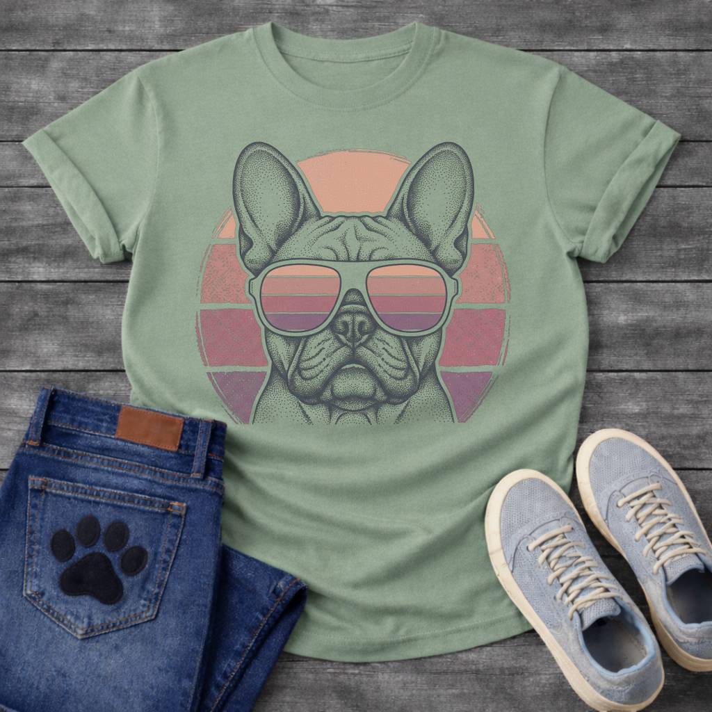 French Bulldog t-shirt with detailed stipple engraving Frenchie portrait wearing aviator sunglasses reflecting retro stripe sunset, blush pink mauve and purple striped circle behind, distressed vintage texture, no text fine art graphic
