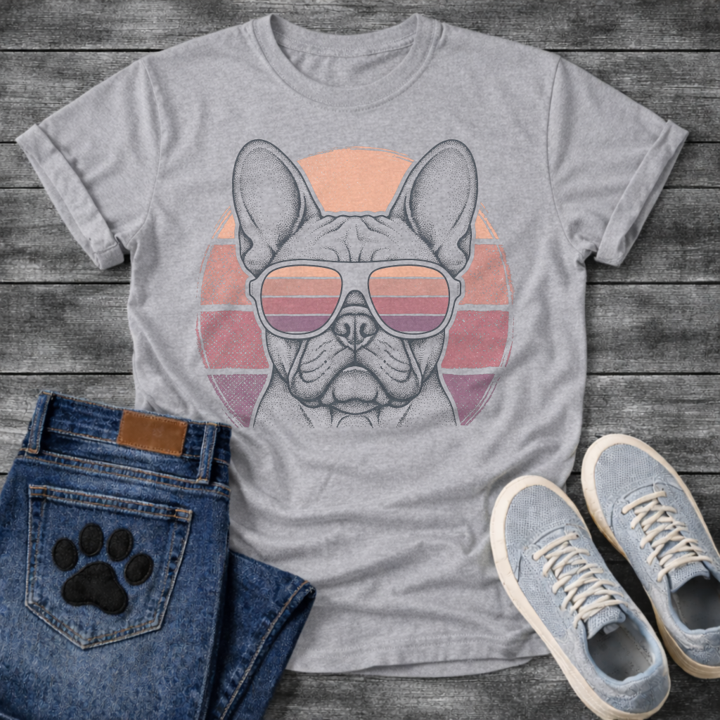 French Bulldog t-shirt with detailed stipple engraving Frenchie portrait wearing aviator sunglasses reflecting retro stripe sunset, blush pink mauve and purple striped circle behind, distressed vintage texture, no text fine art graphic
