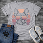 French Bulldog t-shirt with detailed stipple engraving Frenchie portrait wearing aviator sunglasses reflecting retro stripe sunset, blush pink mauve and purple striped circle behind, distressed vintage texture, no text fine art graphic
