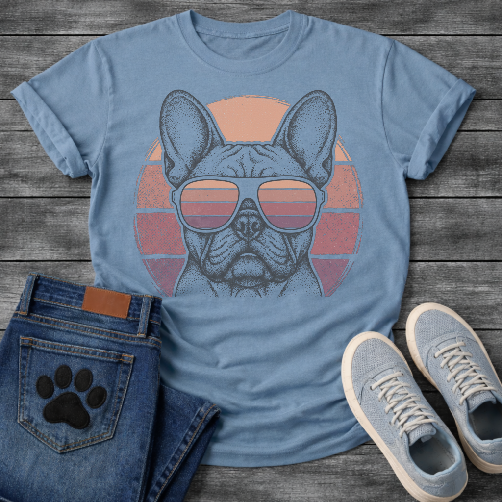 French Bulldog t-shirt with detailed stipple engraving Frenchie portrait wearing aviator sunglasses reflecting retro stripe sunset, blush pink mauve and purple striped circle behind, distressed vintage texture, no text fine art graphic
