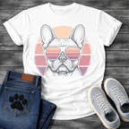 French Bulldog t-shirt with detailed stipple engraving Frenchie portrait wearing aviator sunglasses reflecting retro stripe sunset, blush pink mauve and purple striped circle behind, distressed vintage texture, no text fine art graphic
