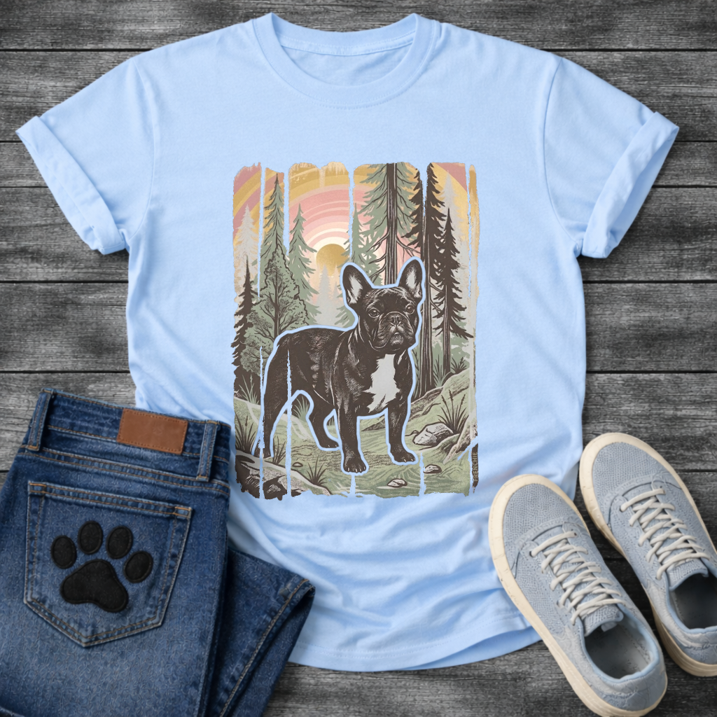 Frenchie vintage national park woodcut forest poster t-shirt sage pet lover apparel dog lover gift