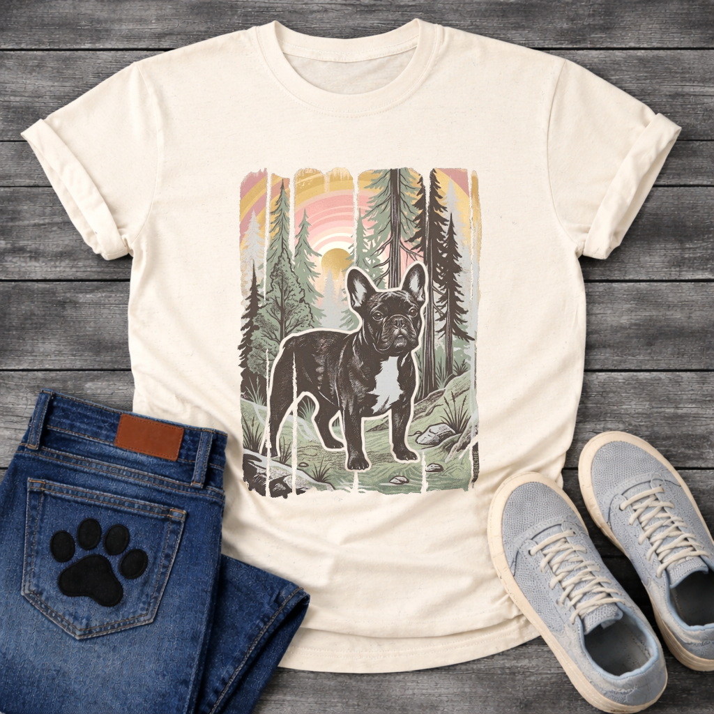 Frenchie vintage national park woodcut forest poster t-shirt sage pet lover apparel dog lover gift