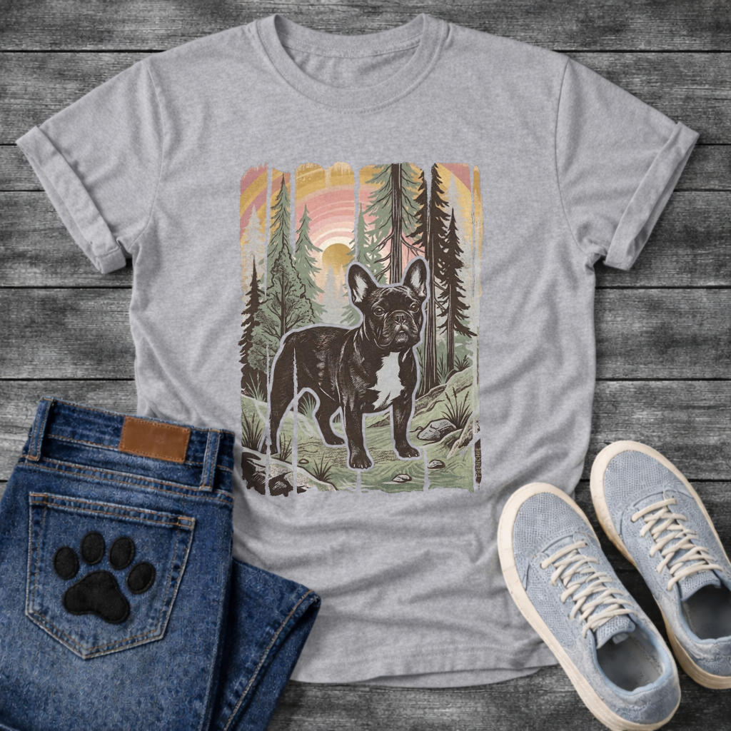Frenchie vintage national park woodcut forest poster t-shirt sage pet lover apparel dog lover gift