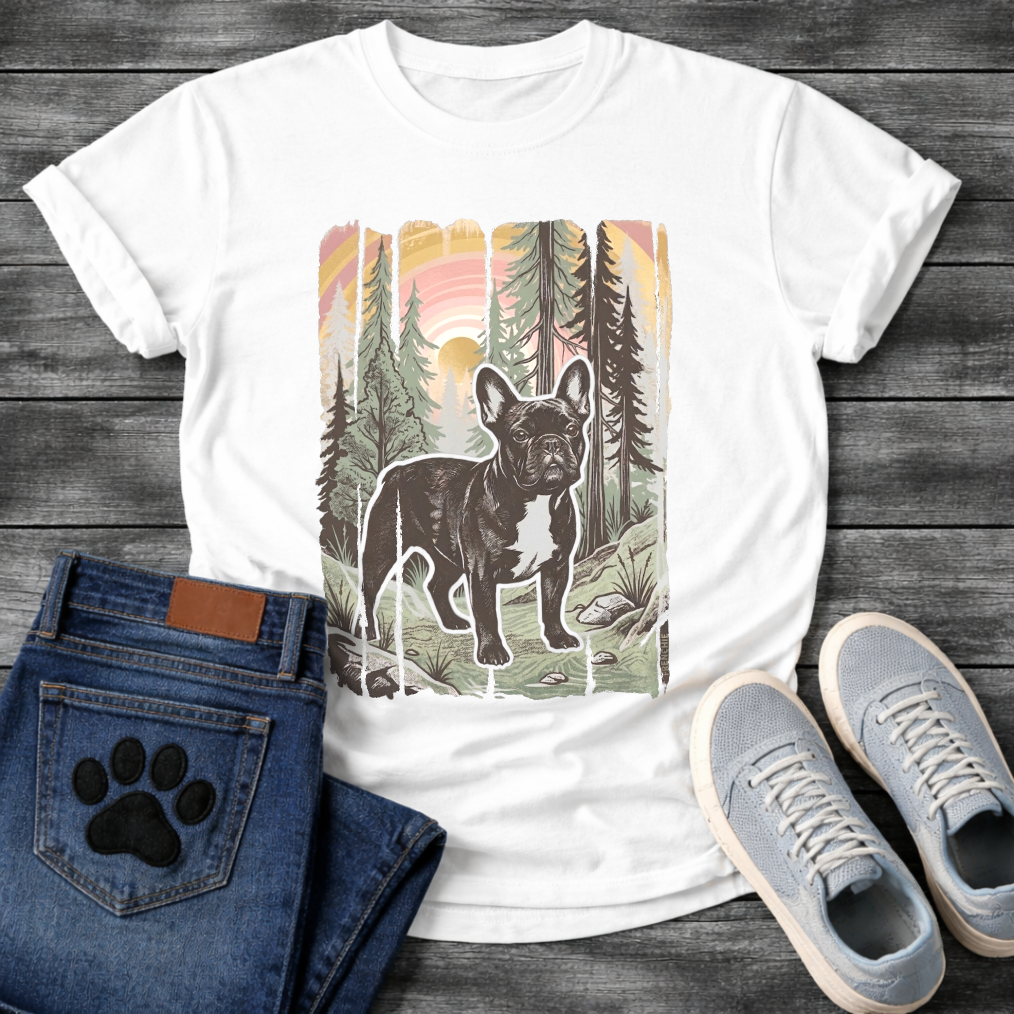 Frenchie vintage national park woodcut forest poster t-shirt sage pet lover apparel dog lover gift