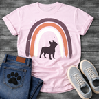French Bulldog t-shirt with bold Frenchie silhouette standing beneath a brushstroke boho rainbow arch in deep plum terracotta and cream, scattered stars inside and outside the arch, no text, warm boho illustration graphic