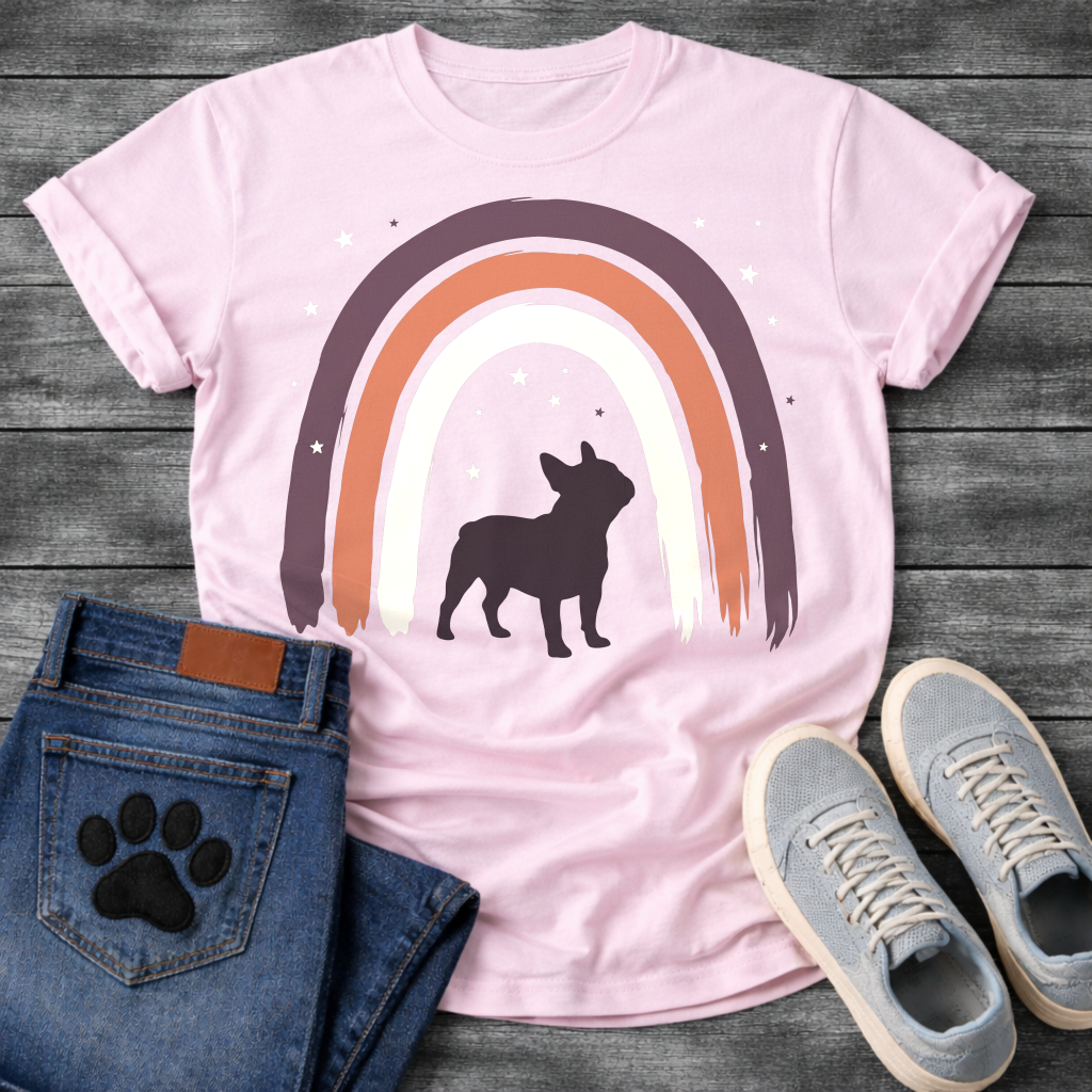 French Bulldog t-shirt with bold Frenchie silhouette standing beneath a brushstroke boho rainbow arch in deep plum terracotta and cream, scattered stars inside and outside the arch, no text, warm boho illustration graphic