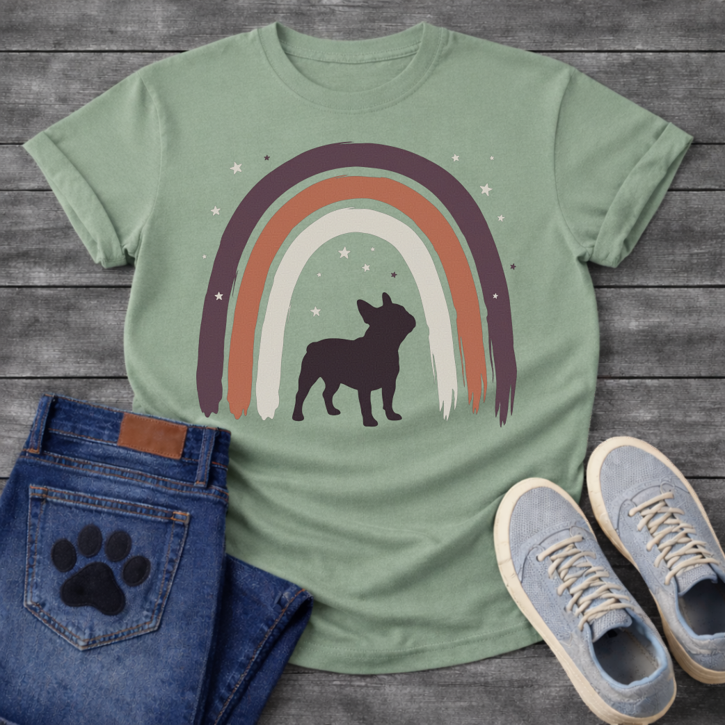 French Bulldog t-shirt with bold Frenchie silhouette standing beneath a brushstroke boho rainbow arch in deep plum terracotta and cream, scattered stars inside and outside the arch, no text, warm boho illustration graphic