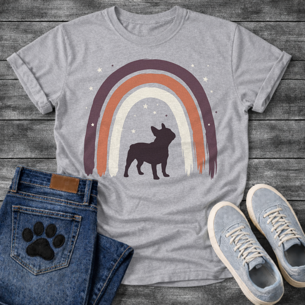 French Bulldog t-shirt with bold Frenchie silhouette standing beneath a brushstroke boho rainbow arch in deep plum terracotta and cream, scattered stars inside and outside the arch, no text, warm boho illustration graphic