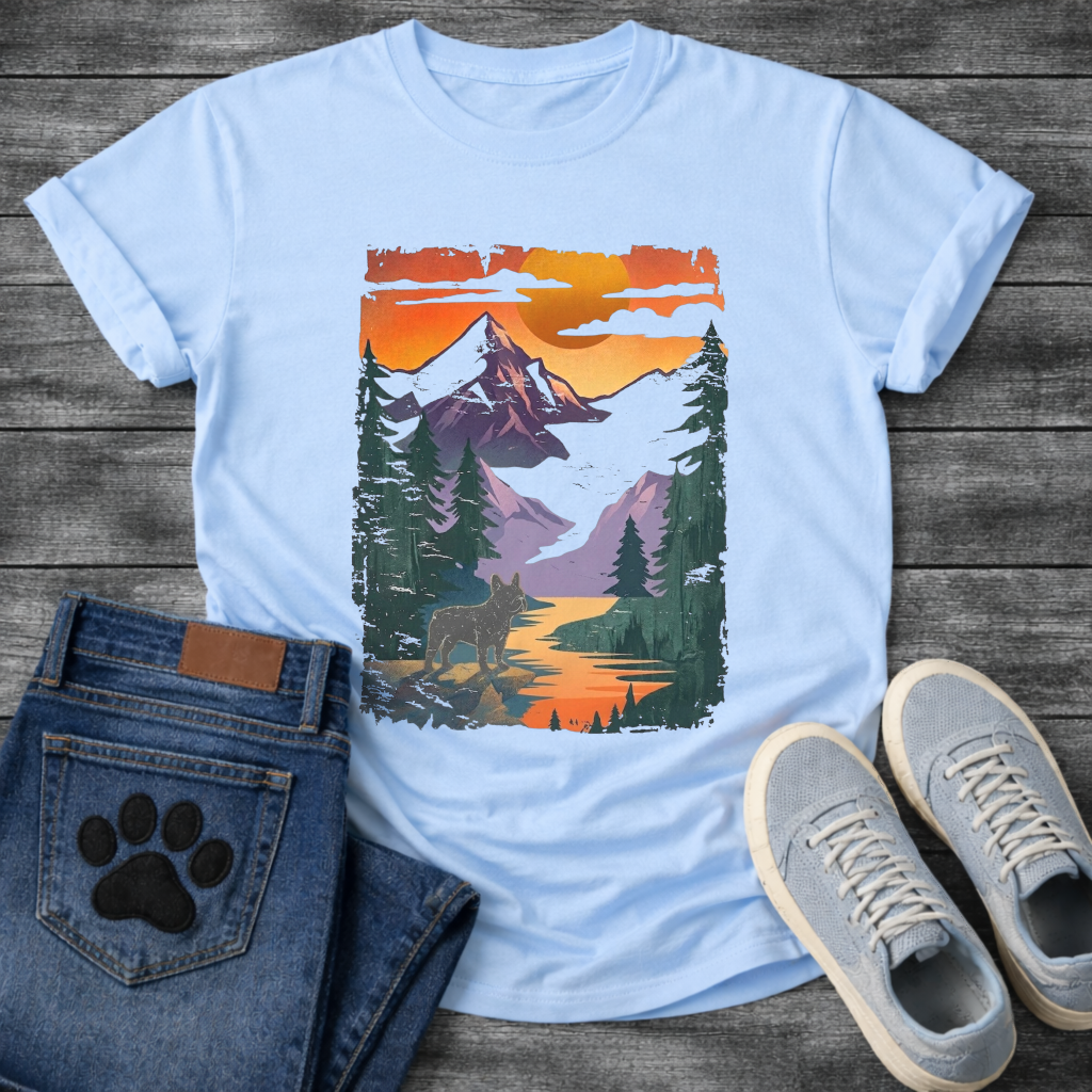 Frenchie mountain sunset adventure vintage landscape t-shirt funny dog shirt pet lover apparel
