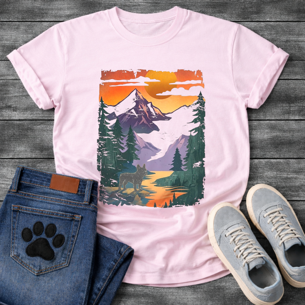 Frenchie mountain sunset adventure vintage landscape t-shirt funny dog shirt pet lover apparel
