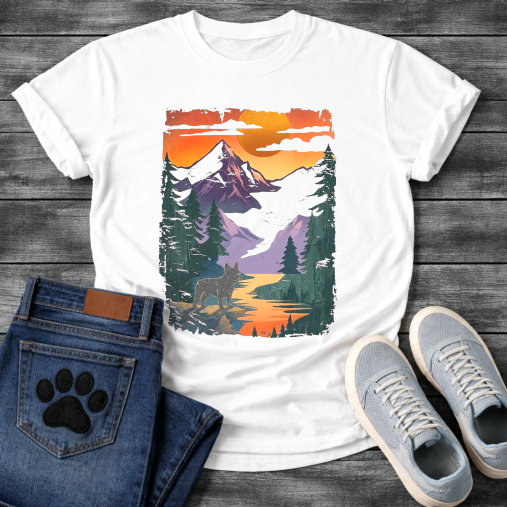 Frenchie mountain sunset adventure vintage landscape t-shirt funny dog shirt pet lover apparel
