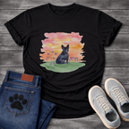 Frenchie watercolor sunset wildflower field t-shirt sage pink orange pet lover apparel dog mom shirt