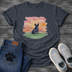 Frenchie watercolor sunset wildflower field t-shirt sage pink orange pet lover apparel dog mom shirt