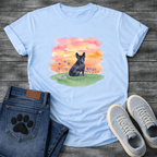 Frenchie watercolor sunset wildflower field t-shirt sage pink orange pet lover apparel dog mom shirt