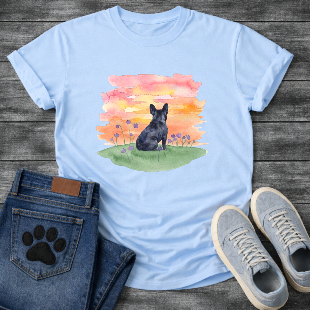 Frenchie watercolor sunset wildflower field t-shirt sage pink orange pet lover apparel dog mom shirt