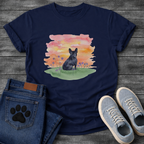 Frenchie watercolor sunset wildflower field t-shirt sage pink orange pet lover apparel dog mom shirt