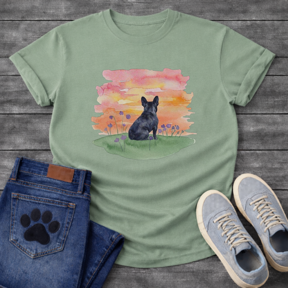 Frenchie watercolor sunset wildflower field t-shirt sage pink orange pet lover apparel dog mom shirt