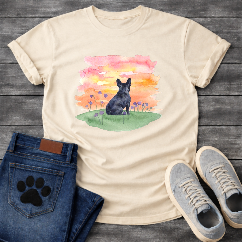 Frenchie watercolor sunset wildflower field t-shirt sage pink orange pet lover apparel dog mom shirt