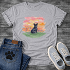 Frenchie watercolor sunset wildflower field t-shirt sage pink orange pet lover apparel dog mom shirt