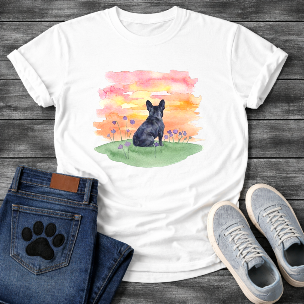 Frenchie watercolor sunset wildflower field t-shirt sage pink orange pet lover apparel dog mom shirt