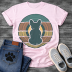 French Bulldog t-shirt with Frenchie silhouette seen from behind centered in layered concentric rings of teal terracotta and gold that bend and wrap around the figure, golden circle glowing behind, no text, bold retro graphic art