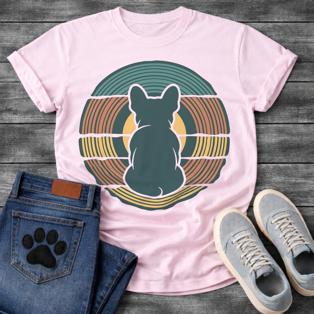 French Bulldog t-shirt with Frenchie silhouette seen from behind centered in layered concentric rings of teal terracotta and gold that bend and wrap around the figure, golden circle glowing behind, no text, bold retro graphic art