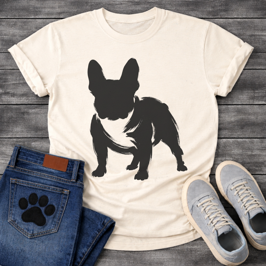 French Bulldog t-shirt with bold filled brush ink Frenchie standing facing forward, heavy gestural brushstrokes with white chest detail visible, single black ink on warm tee, expressive fine art graphic no text