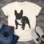 French Bulldog t-shirt with bold filled brush ink Frenchie standing facing forward, heavy gestural brushstrokes with white chest detail visible, single black ink on warm tee, expressive fine art graphic no text