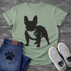 French Bulldog t-shirt with bold filled brush ink Frenchie standing facing forward, heavy gestural brushstrokes with white chest detail visible, single black ink on warm tee, expressive fine art graphic no text