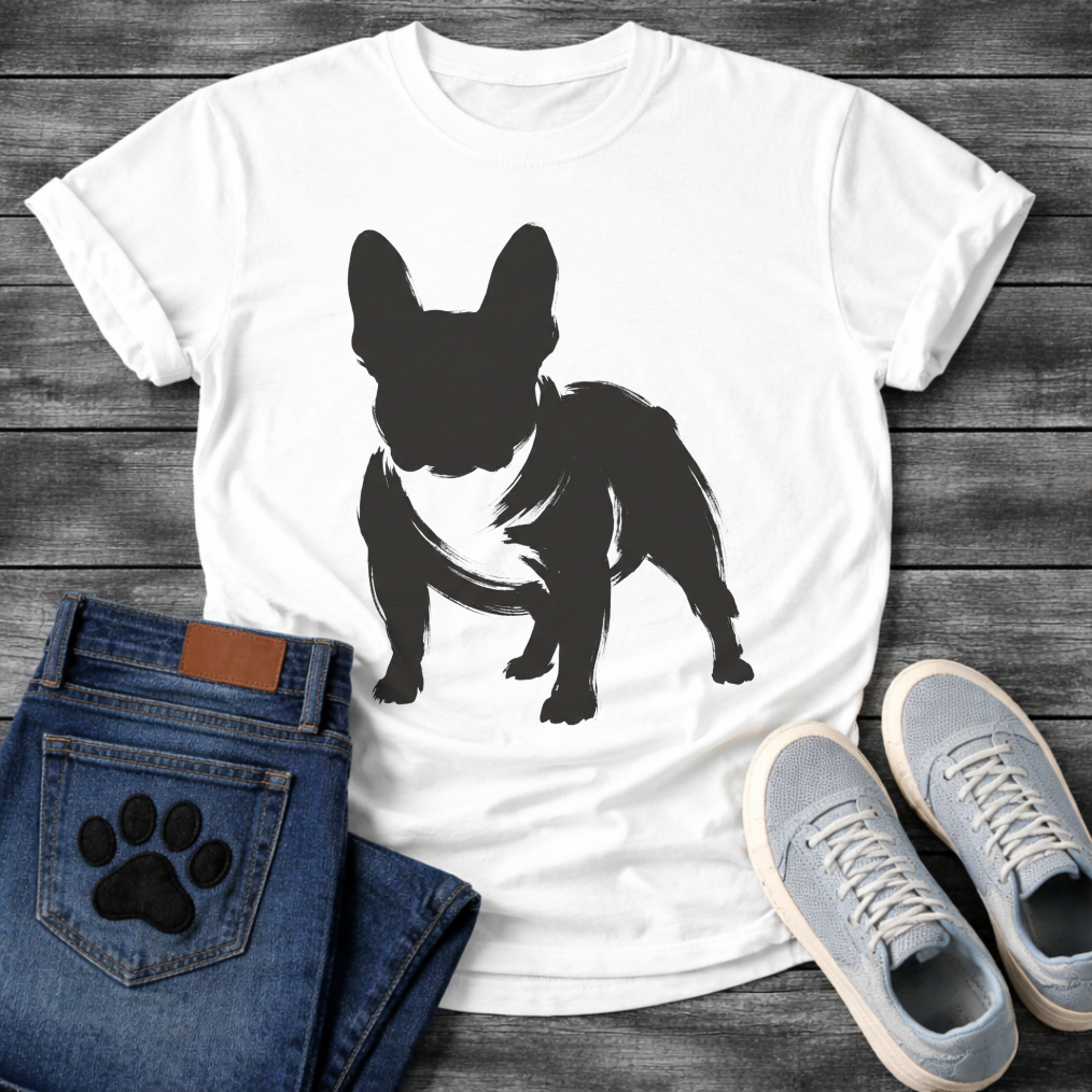 French Bulldog t-shirt with bold filled brush ink Frenchie standing facing forward, heavy gestural brushstrokes with white chest detail visible, single black ink on warm tee, expressive fine art graphic no text