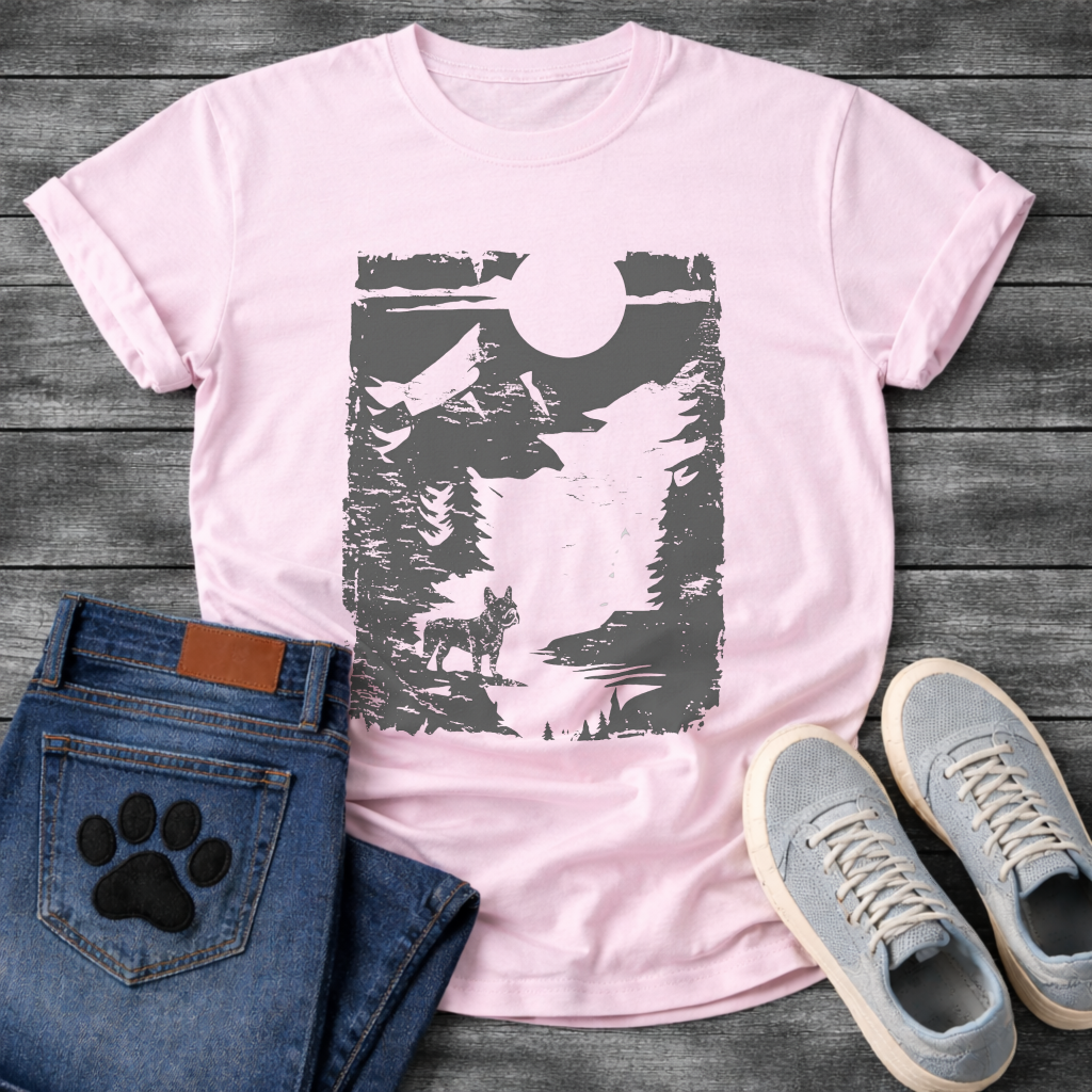 French Bulldog vintage woodcut mountain moon night graphic dog shirt unisex tee
